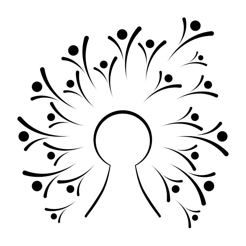 Logo of Open Source Gardens in Black and White called Open Source Dandelion. The image is a schematic drawing of a dandelion with a visual reference to a keyhole and to people as seeds.