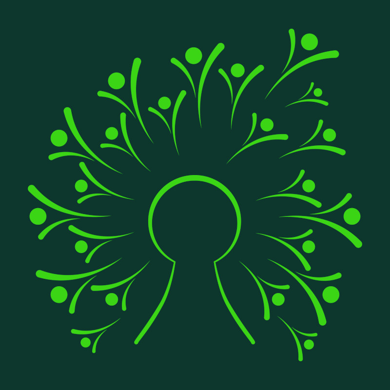 Logo of Open Source Gardens called Open Source Dandelion. The image is a schematic drawing of a dandelion with a visual reference to a keyhole and to people as seeeds.