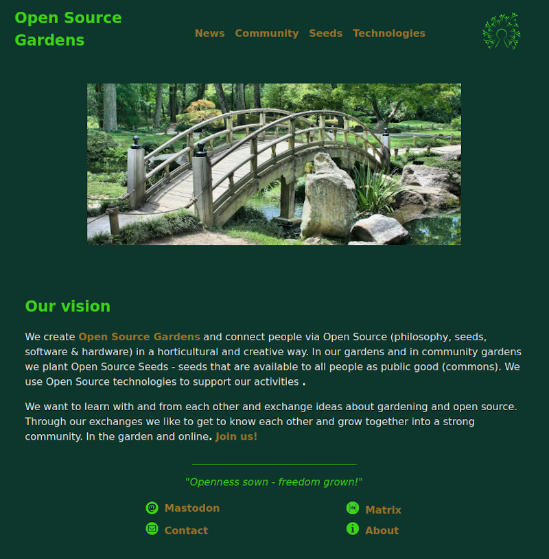 This is a screenshot of the front page of www.opensourcegardens.info after its redesign and publication in February 2023