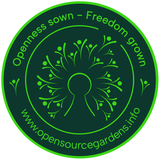 The sticker is 6cm in diameter and composed of our logo in the center, surrounded by a circle with a hole to free the seeds, flying away from the open sourced dandelion in the center. The circle is sourrounded by the slogan 